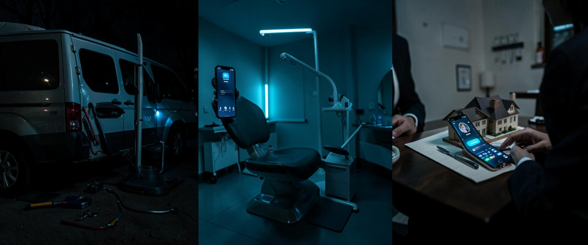 A plumber's van, a dental treatment room and a real estate agent's desk, each with an AI-answered call on the phone