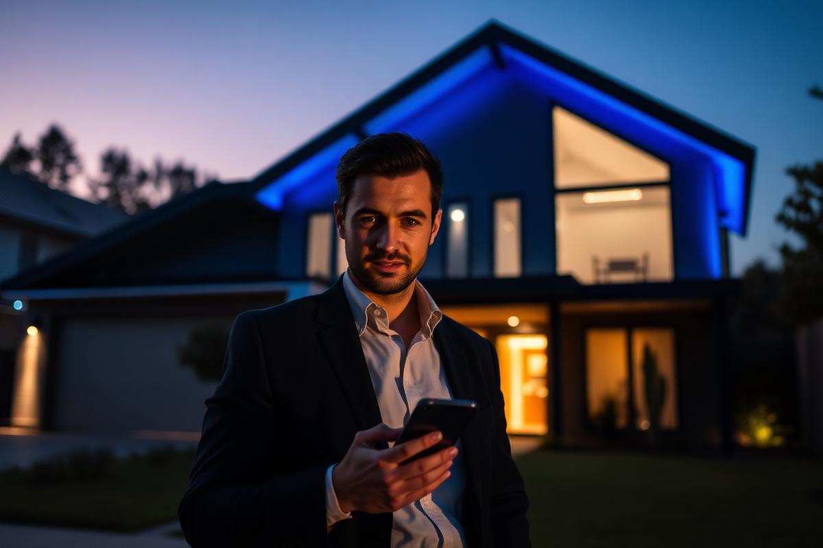 Real estate agent checking their phone in front of a modern home at dusk